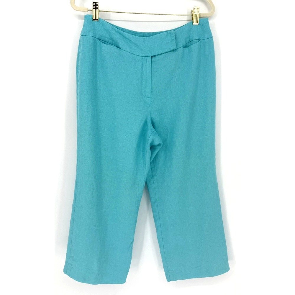 Talbots Petites Irish Linen‎ Cropped Pants Teal Blue Size 12P Beachy Nautical